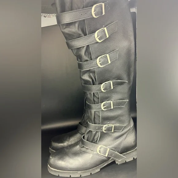 Renboots‎ - Mens Custom Black Leather Strider 7 Buckle Boots, Size:9